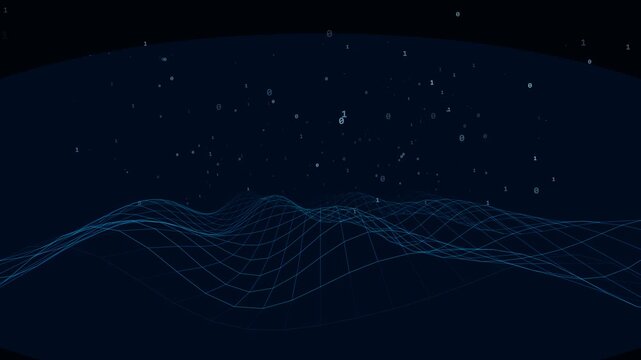 Abstract dark blue cyberspace background with glowing wireframe waves and floating binary code data. This seamless 3D motion graphic loop is perfect for technology video designs.