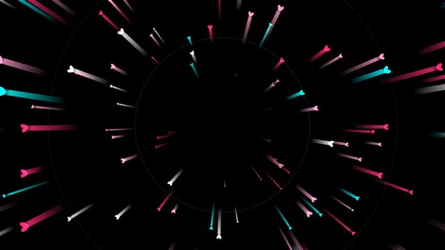 Abstract dark background with glowing pink and cyan heart comets flying and pulsating. This seamless motion graphic loop is perfect for romantic Valentine's Day video designs.