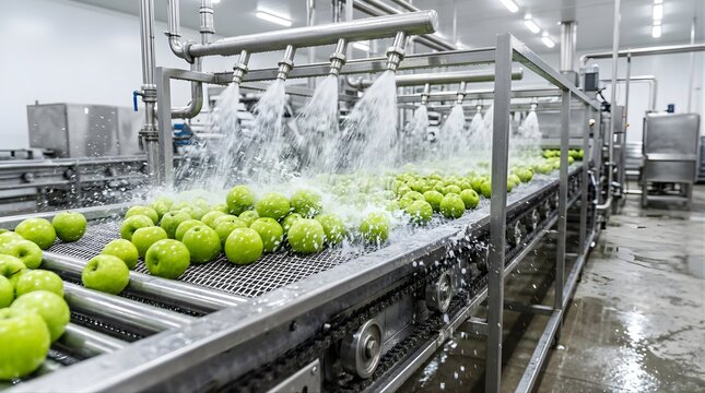 Green apples being washed on a conveyor belt in a food processing factory