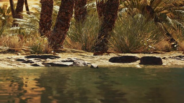 Trees rise near the edge of a body of water. The ground has rocks and grasses. Sunlight reflects off the water surface. This setting appears lush and vibrant.