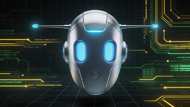 Futuristic robot head with glowing eyes