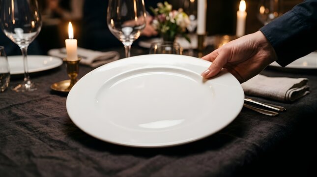 Hand placing a blank white plate on a dark restaurant table at night