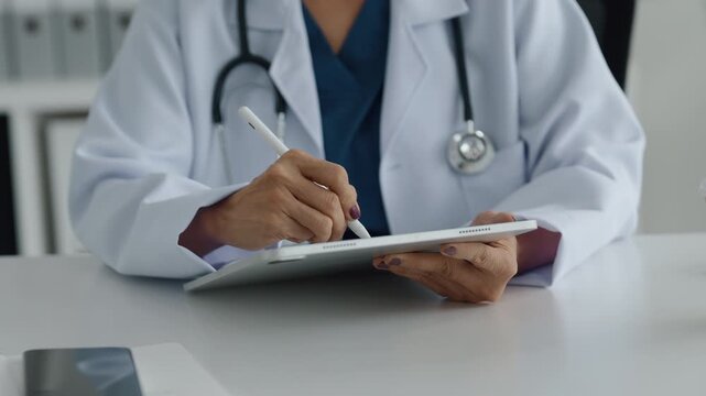 Medical doctor prepares patient reports on desk in clinic