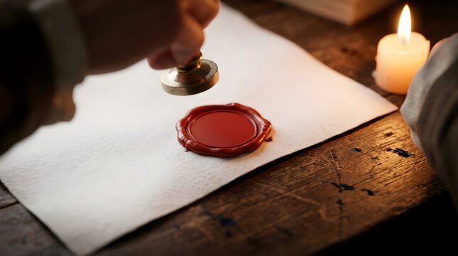 Hand pressing a vintage metal stamp onto red wax on parchment paper