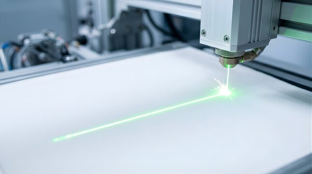 Industrial laser cutter machine engraving a precise line on white sheet