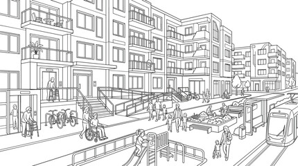 Fototapeta premium Surreal upside down city line art with urban buildings and people
