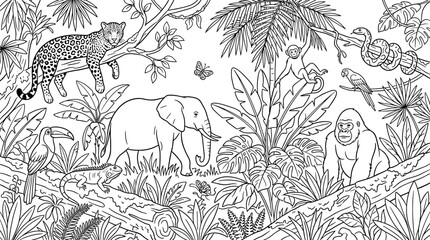 Fototapeta premium Wild jungle animals coloring page for kids