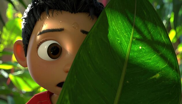 Cartoon boy hiding behind green leaf.