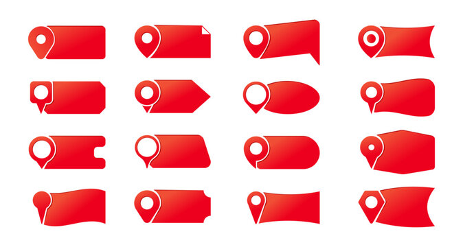 Vector illustration of red location pin labels and map marker tag icons in various shapes for navigation, address, delivery and interface design