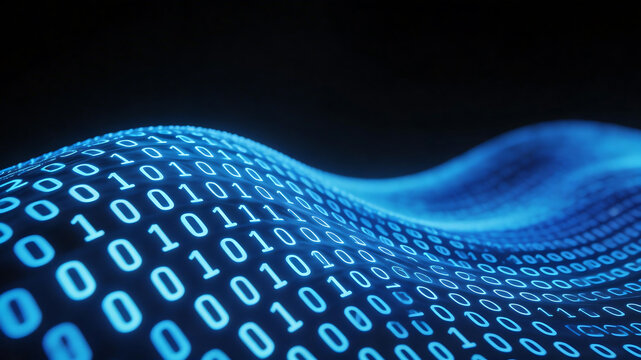 Binary code wave on dark background