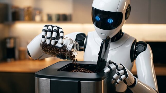 A humanoid robot with blue glowing eyes pours coffee beans from a jar into a coffee maker.