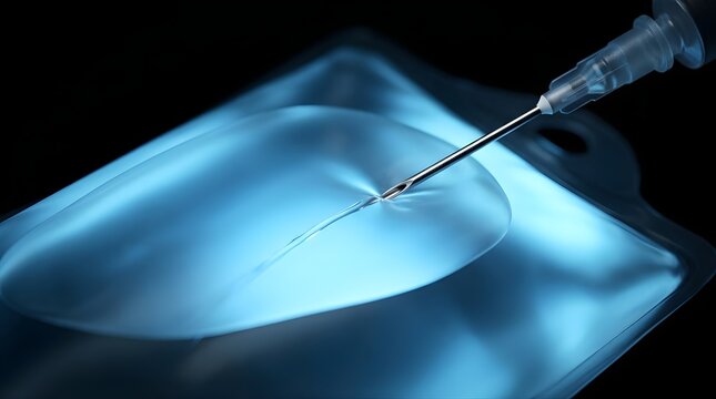 Medical syringe needle piercing an IV saline fluid bag for hospital care