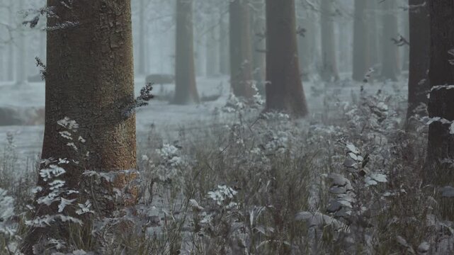 Snow covers the ground and trees in a forest. Frost covers brown trunks and green grass. The atmosphere is cold and clear, showing a typical winter day.