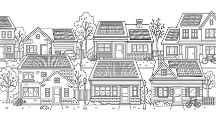 Obraz premium Neighborhood coloring page showing houses with rooftop solar panels