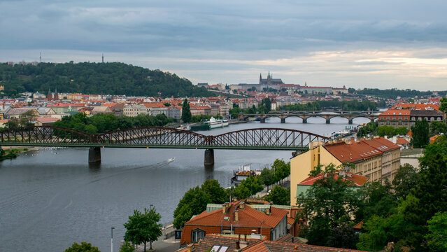Prague skyline panorama with castle, bridges, and the Vltava River