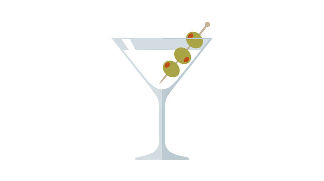 Martini glass with green olives on toothpick flat vector illustration
