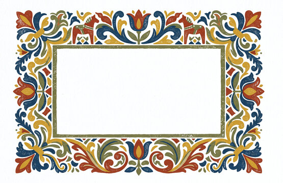 Scandinavian-style folk art floral and animal border with Dala horses Graphic poster style illustration