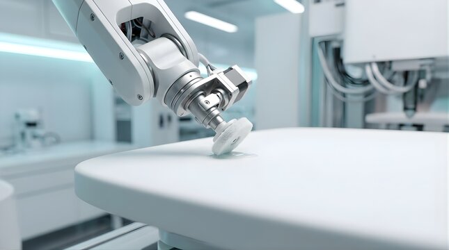 Robotic arm polishing white surface in a modern sterile laboratory