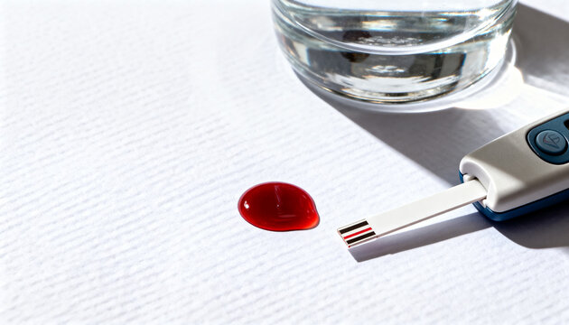 a glucometer test strip with a single large drop of fresh blood, resting on a clean, textured white paper background. Next to it, a glass of water