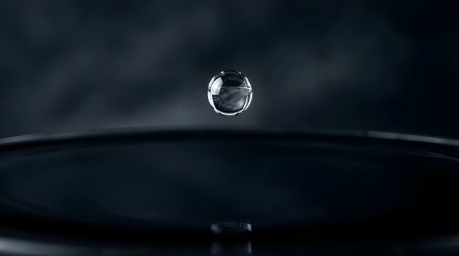 Single water drop falling above a dark liquid surface in close up view