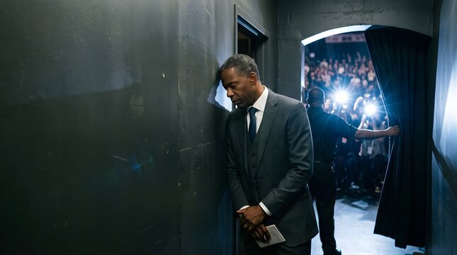 Stressed businessman leaning on wall before a press conference presentation