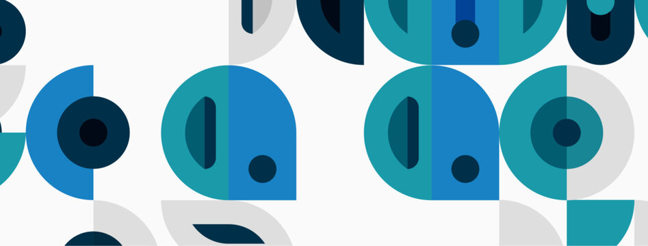 Abstract pattern features overlapping circles, varying shades blue, gray, white. Minimalist design creates modern aesthetic.