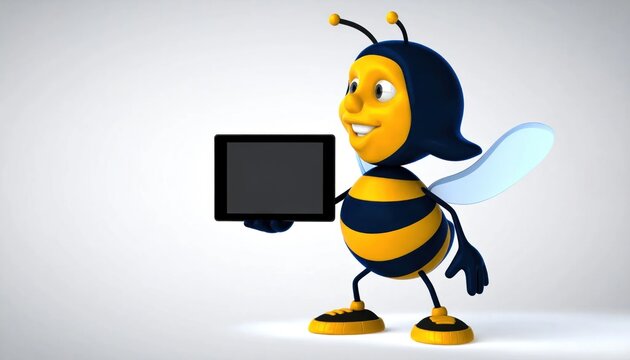 Cartoon bee holding computer screen device.