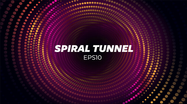 Colorful concentric dotted spiral forming a glowing tunnel with depth and motion effect on dark background. Vector illustration