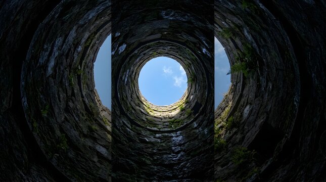 View looking up from the bottom of an old stone well toward blue sky