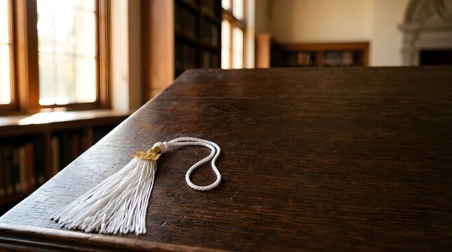 White Graduation Tassel on a Library Table for Commencement Concept