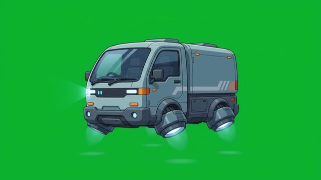 Futuristic flying delivery truck with jet engines isolated on green screen background