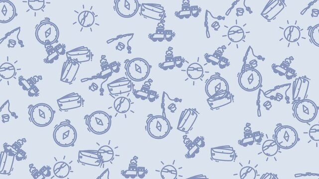 Repeating patterns of compasses, suns, fishing rods, trucks, and simple blue illustrations. Ideal for backgrounds, wallpapers, packaging, textiles.
