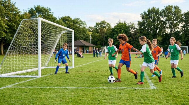 Diverse group of young children playing a soccer match on a green grass field with a goalkeeper defending a white goal net and players in green and orange jerseys during daytime.