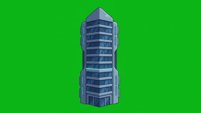 Futuristic skyscraper building with glowing neon lights on a green screen background