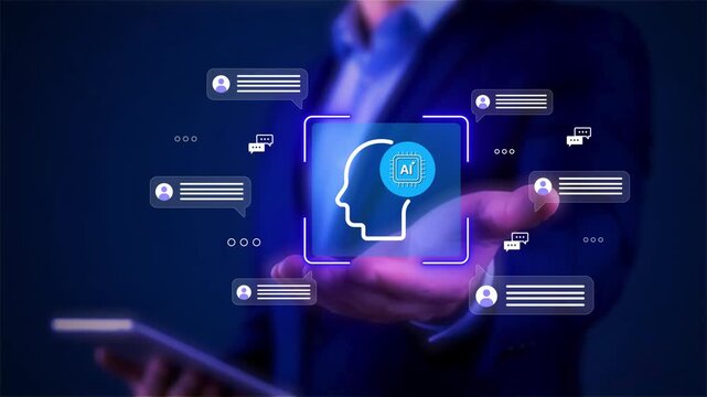 A businessman uses online customer feedback to rate service experience data exchange and analysis with a chat bot. A customer support centre using artificial intelligence