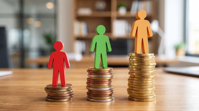 Colorful wooden figures standing on stacks of gold coins representing financial growth with colorful