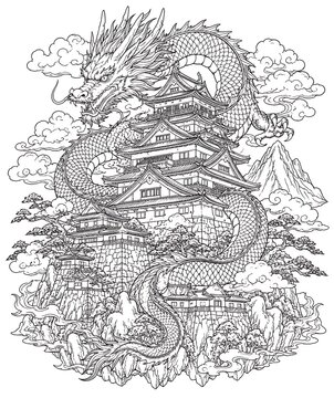 dragon, Japanese castle, dragon encircling castle, Japanese architecture, samurai era, feudal Japan, ancient castle, oriental fantasy, mythical dragon, Japanese folklore, traditional architecture, cas