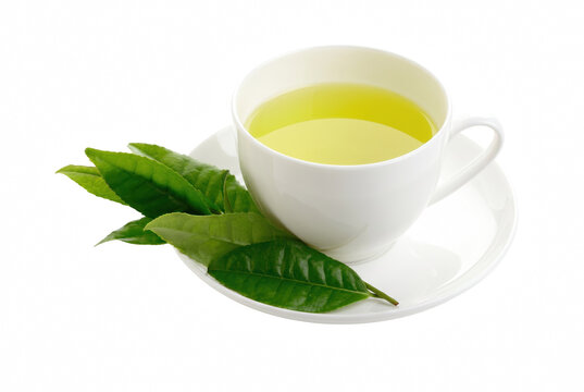 Freshly Brewed Green Tea in a White Ceramic Cup with Tea Leaves