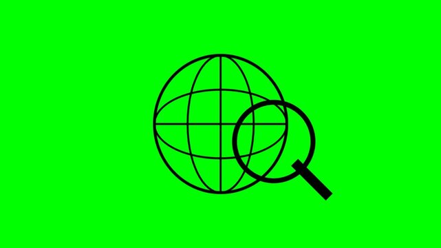 Minimalist black globe with magnifying glass icon animation on green screen background. Concept of global search, internet research, and discovery.