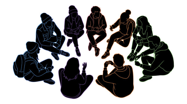 Group of diverse people sitting in a circle top view silhouettes