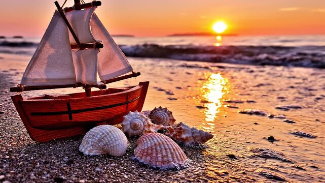 Toy sailboat and seashells on sandy beach at golden sunset