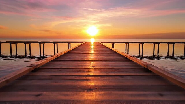 Golden sunset over a wooden jetty on calm ocean water