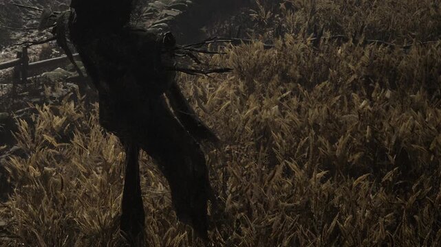 A dark figure stands in tall grass holding a tool near the edge of the forest at dusk. The surrounding area is quiet with minimal light filtering through the trees.