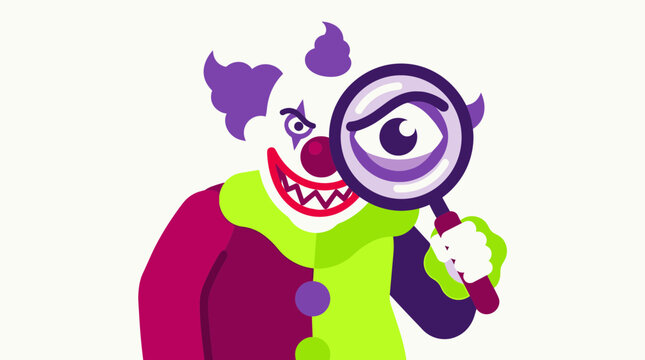 Scary clown holding a magnifying glass vector illustration