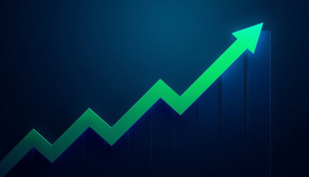 Green upward trending arrow graph on a dark blue background