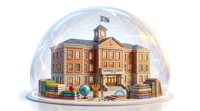 School building inside glass dome with books and globe, education concept, academic illustration, study symbol, campus in bubble, learning idea, brick schoolhouse under protection