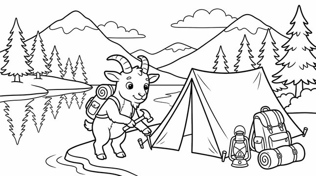 Cute cartoon mountain goat setting up a tent while camping in the mountains for a children's coloring book page
