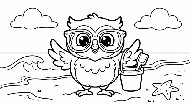 Cute owl wearing glasses enjoying a summer beach day with a sand bucket and starfish, black and white coloring page illustration for kids.
