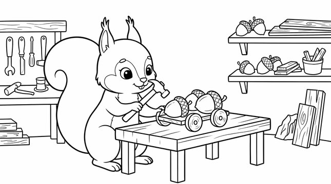 Cute cartoon squirrel carpenter working in a woodshop with a hammer and acorns on a wagon, black and white coloring page for kids.
