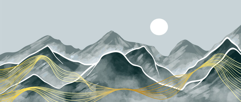 Mountain landscape watercolor painting illustration with line art texture. Abstract contemporary aesthetic backgrounds landscapes. mountains, hills, sun and skyline